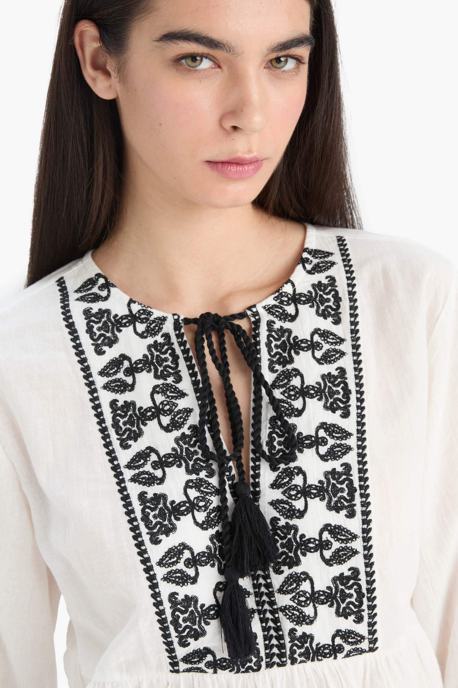 Regular Fit Crew Neck Linen Look Long Sleeve Blouse