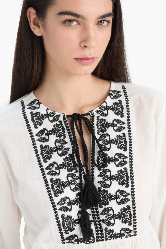 Regular Fit Crew Neck Linen Look Long Sleeve Blouse Hover Image