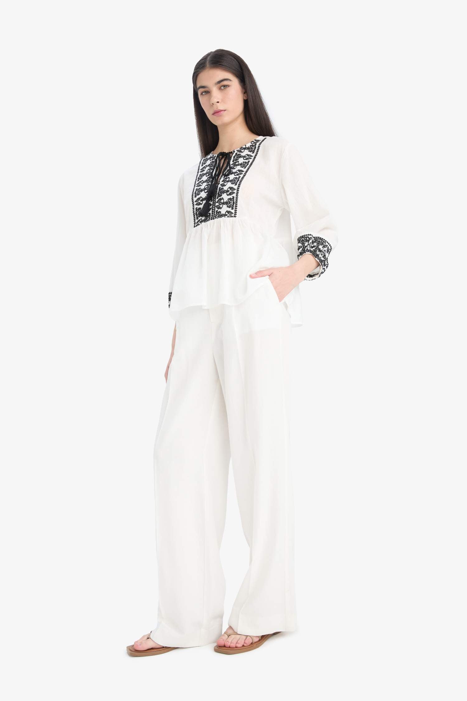 Regular Fit Crew Neck Linen Look Long Sleeve Blouse