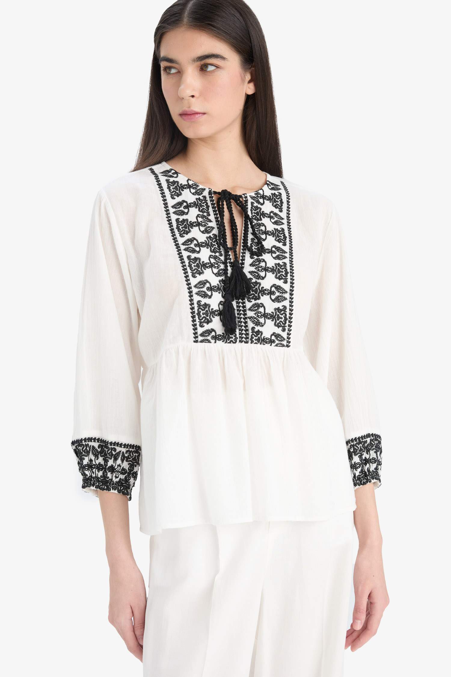 Regular Fit Crew Neck Linen Look Long Sleeve Blouse