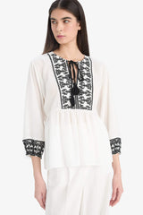 Regular Fit Crew Neck Linen Look Long Sleeve Blouse