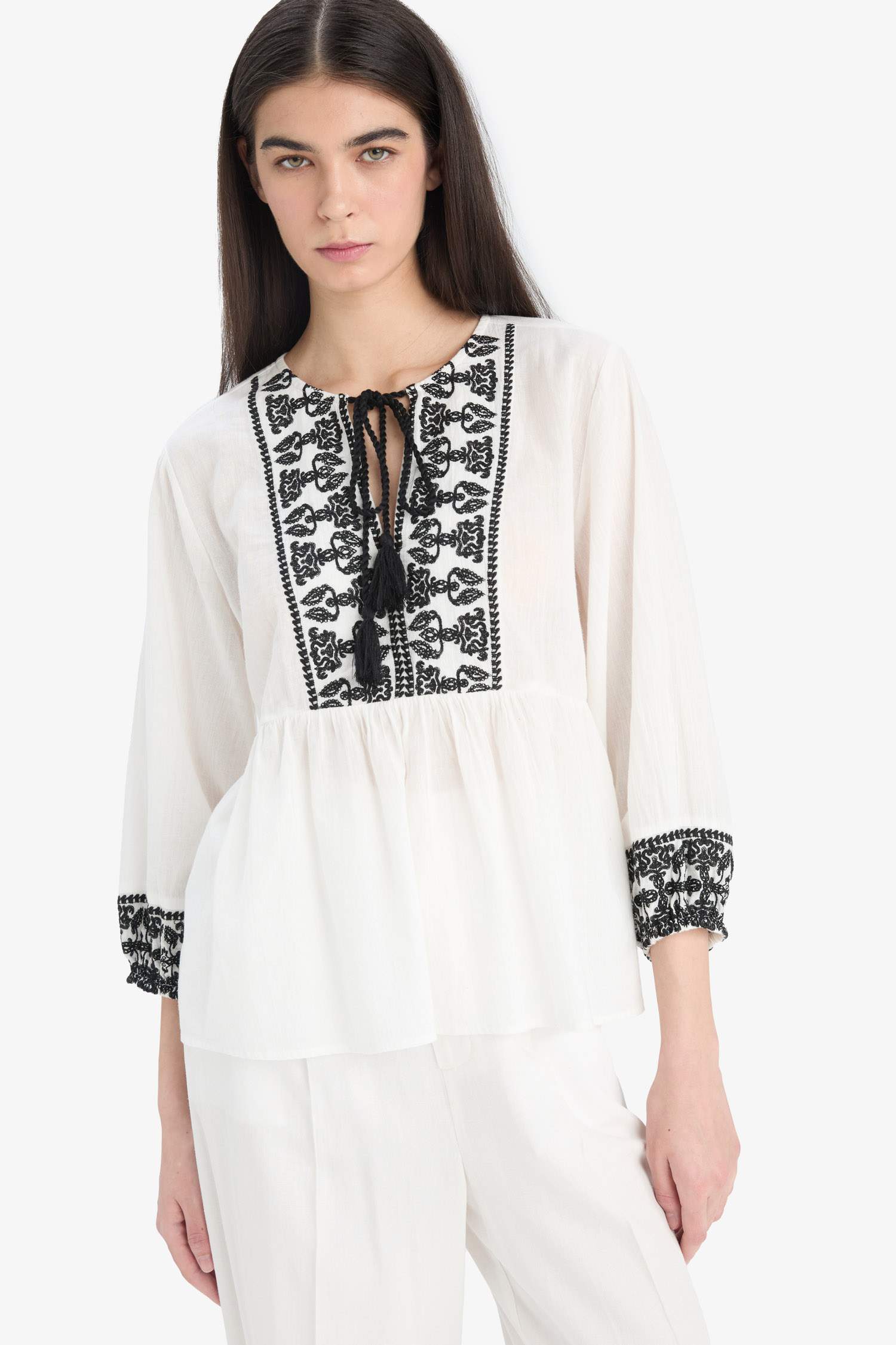 Regular Fit Crew Neck Linen Look Long Sleeve Blouse