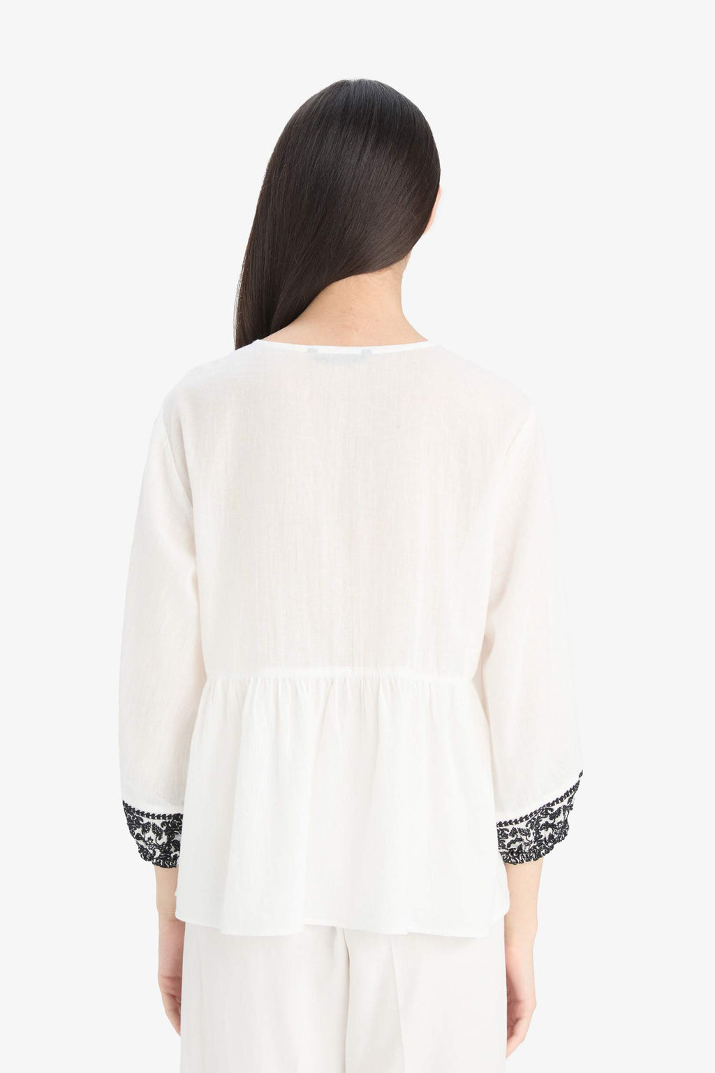 Regular Fit Crew Neck Linen Look Long Sleeve Blouse