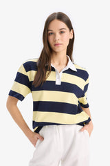 Loose Fit Polo Neck Striped T-Shirt