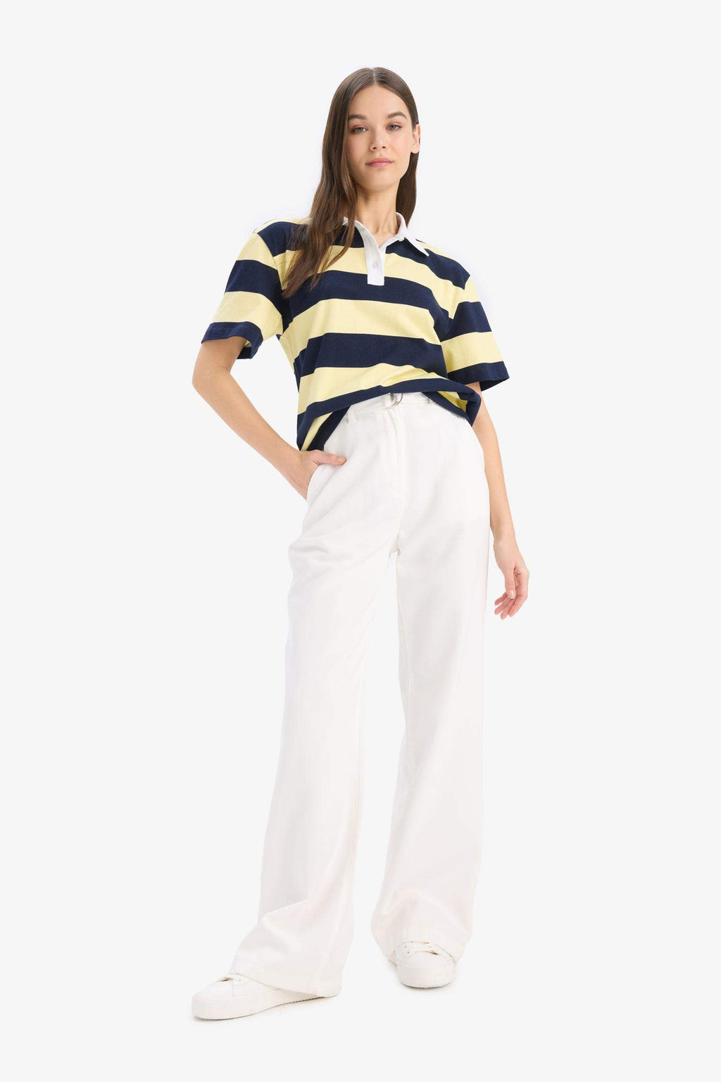 Loose Fit Polo Neck Striped T-Shirt