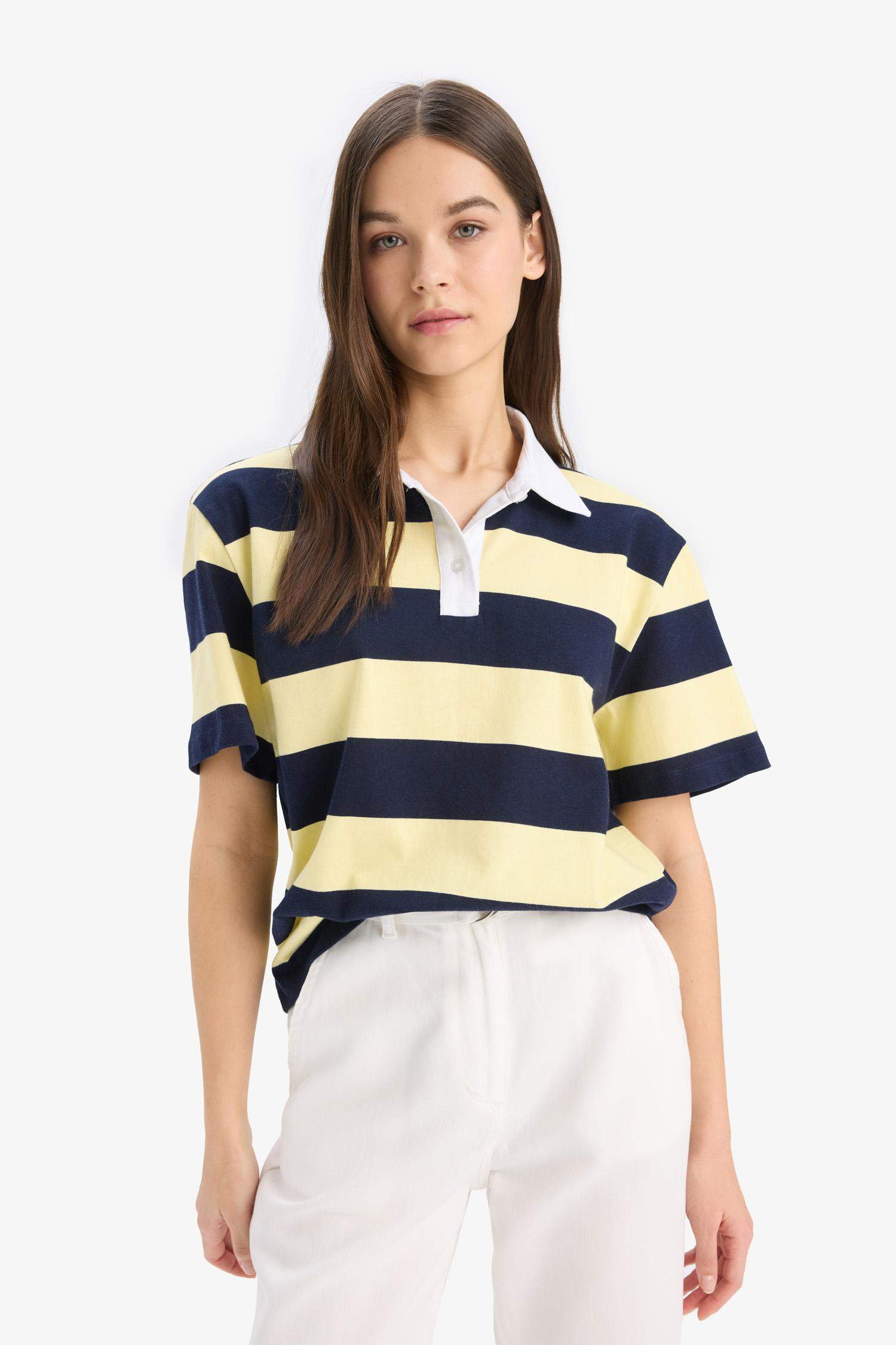 Loose Fit Polo Neck Striped T-Shirt
