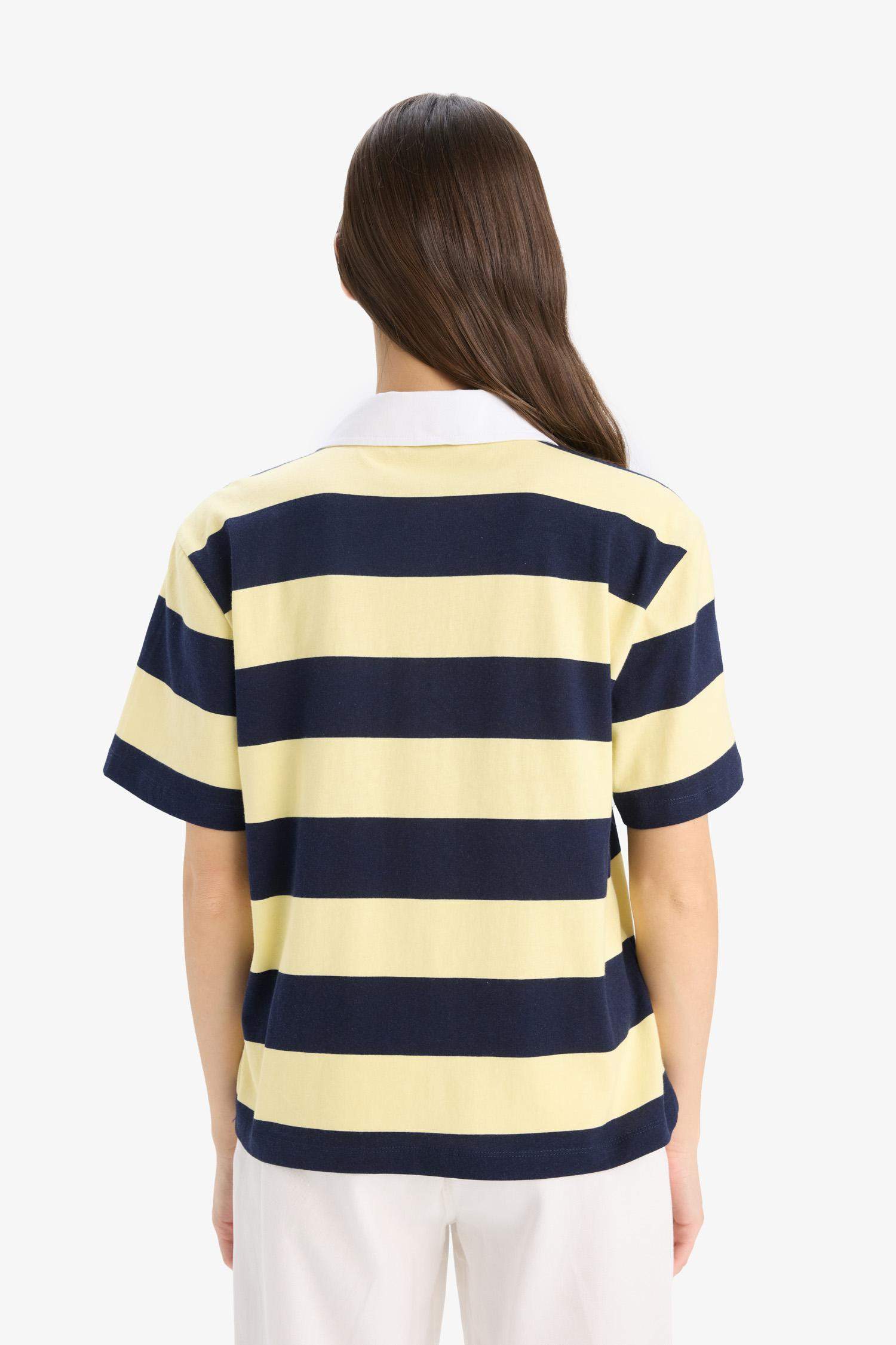 Loose Fit Polo Neck Striped T-Shirt
