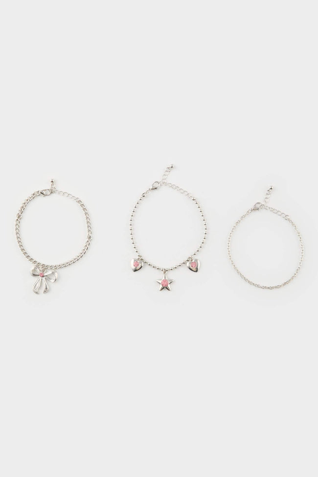 Women Pink Stone 3 Piece Silver Bracelet Hover Image