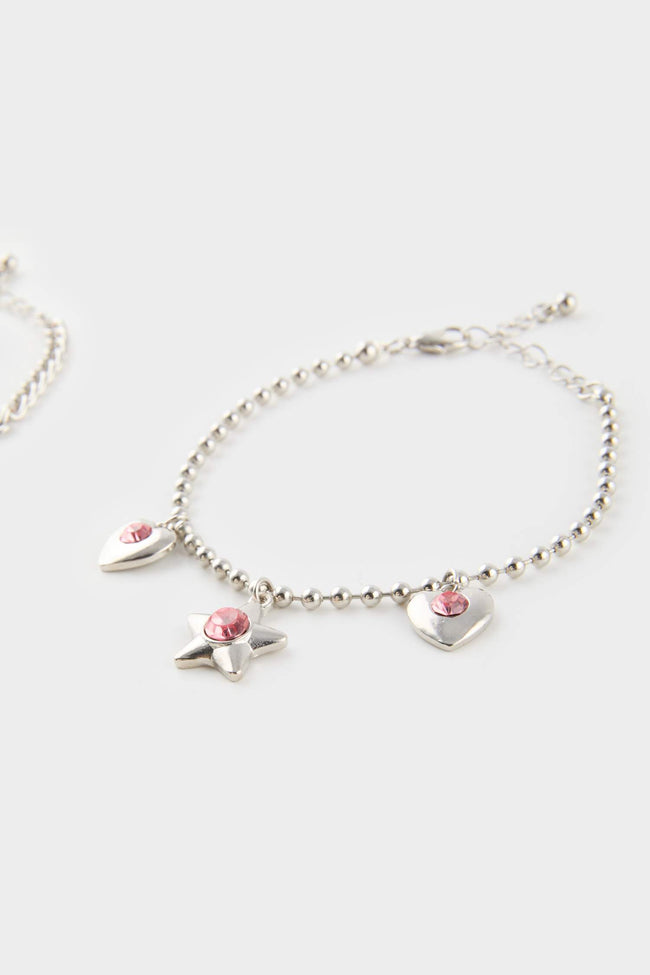 Women Pink Stone 3 Piece Silver Bracelet Main Image