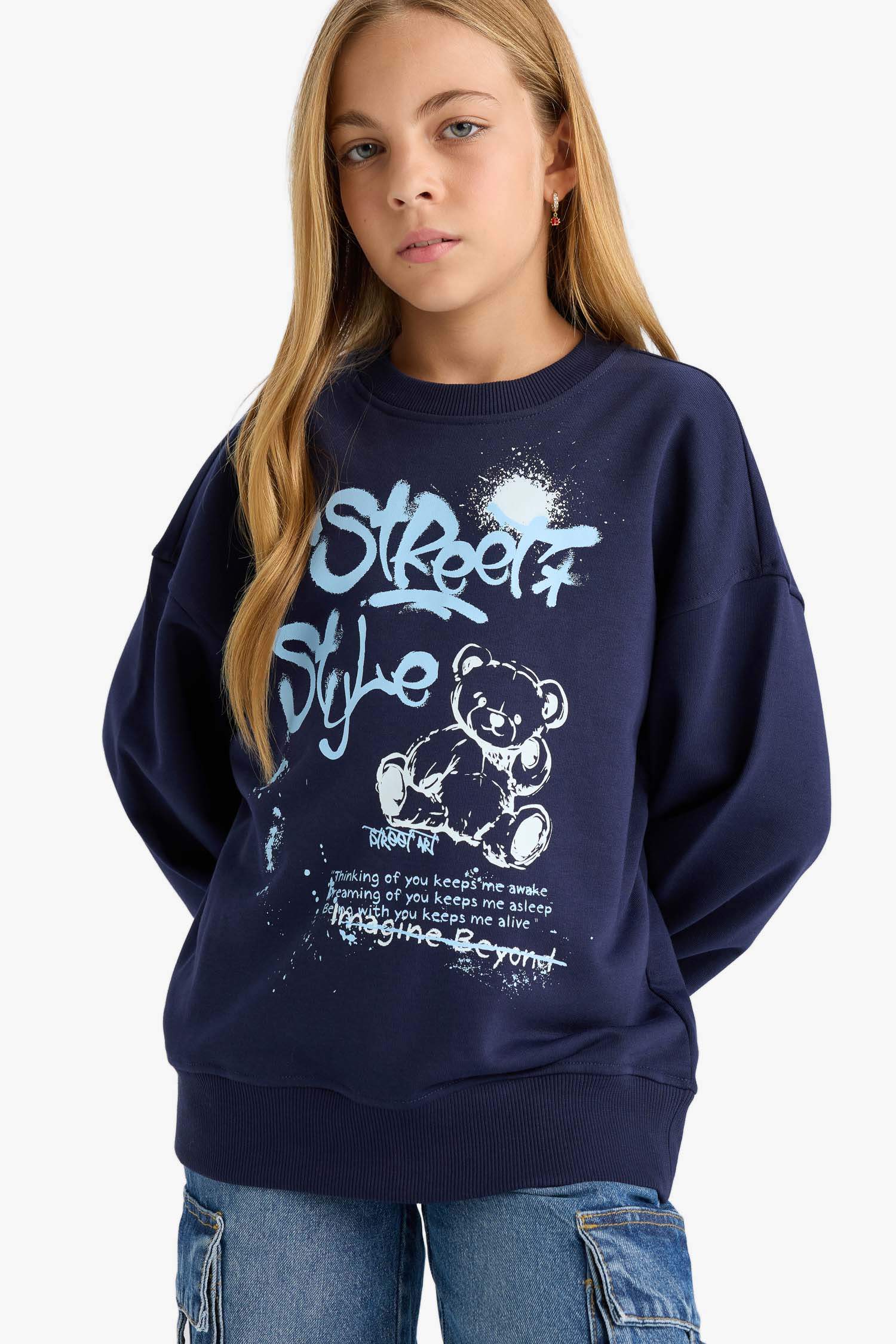 Girls Oversize Wide Pattern Crew Neck Printed Sweatshirt