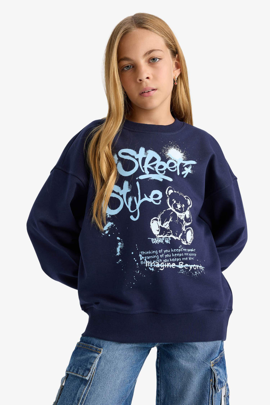 Girls Oversize Wide Pattern Crew Neck Printed Sweatshirt