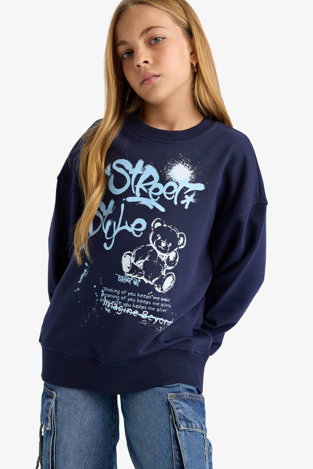 Girls Oversize Wide Pattern Crew Neck Printed Sweatshirt