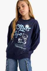 Girls Oversize Wide Pattern Crew Neck Printed Sweatshirt