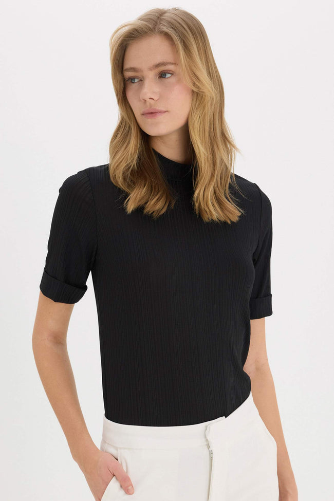 Slim Fit Half Turtleneck Ribbed Camisole Short Sleeve T-Shirt Hover Image