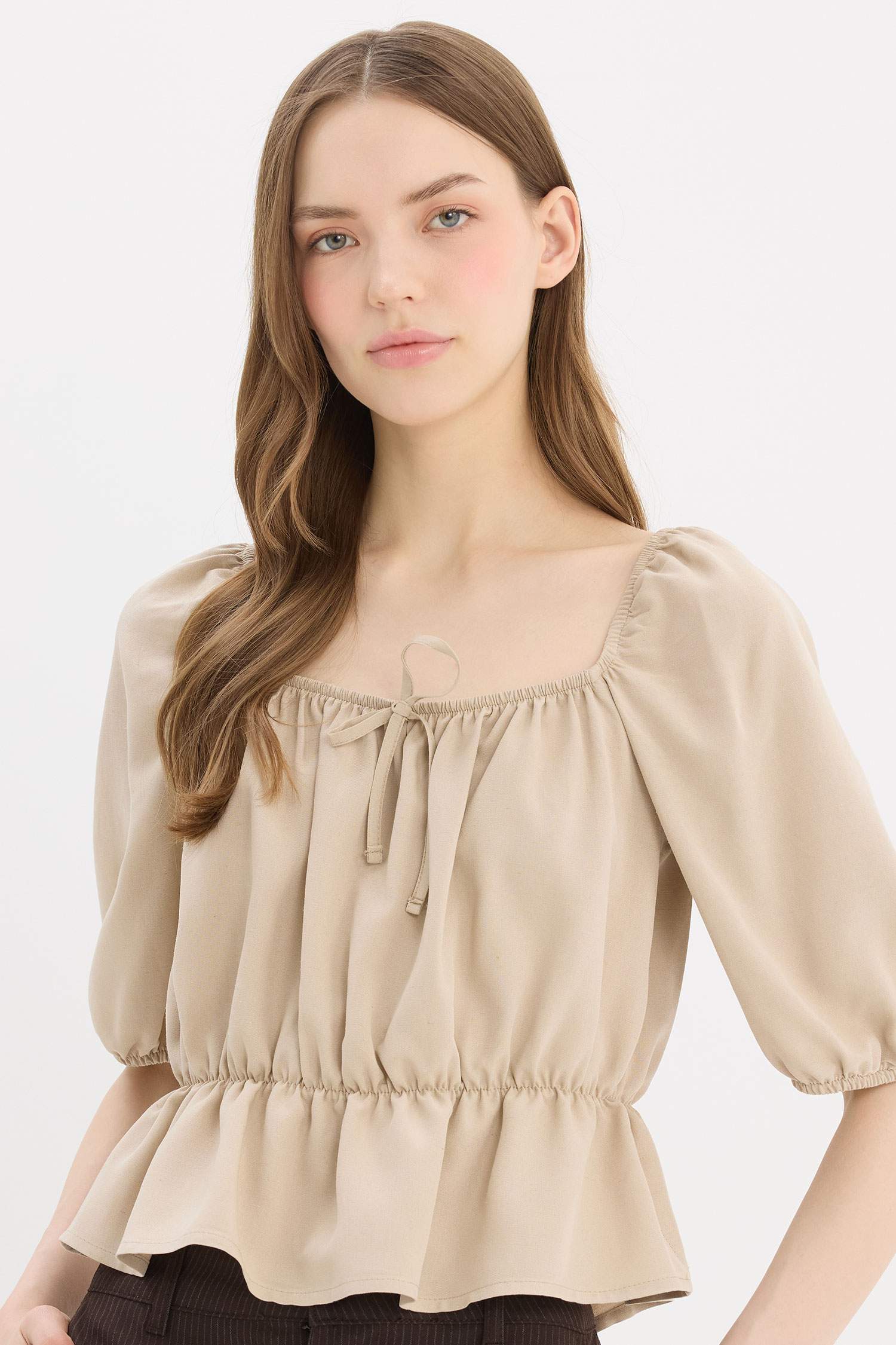 Regular Fit U Neck Linen Blend Blouse