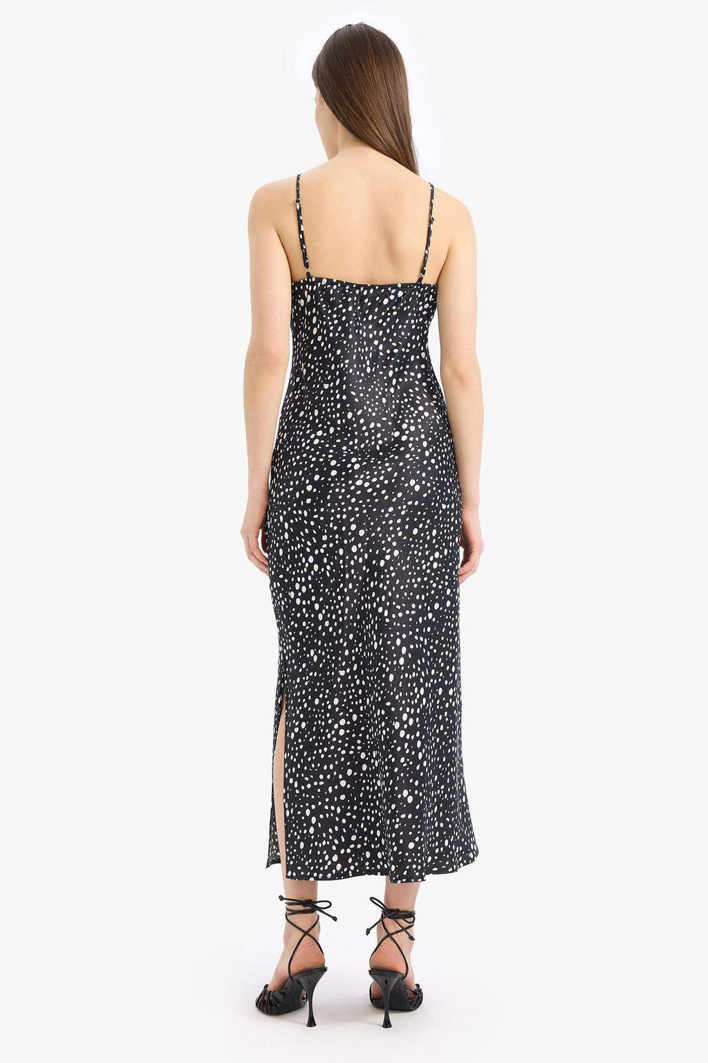 Patterned Slit Adjustable Straps Satin Midi Dress