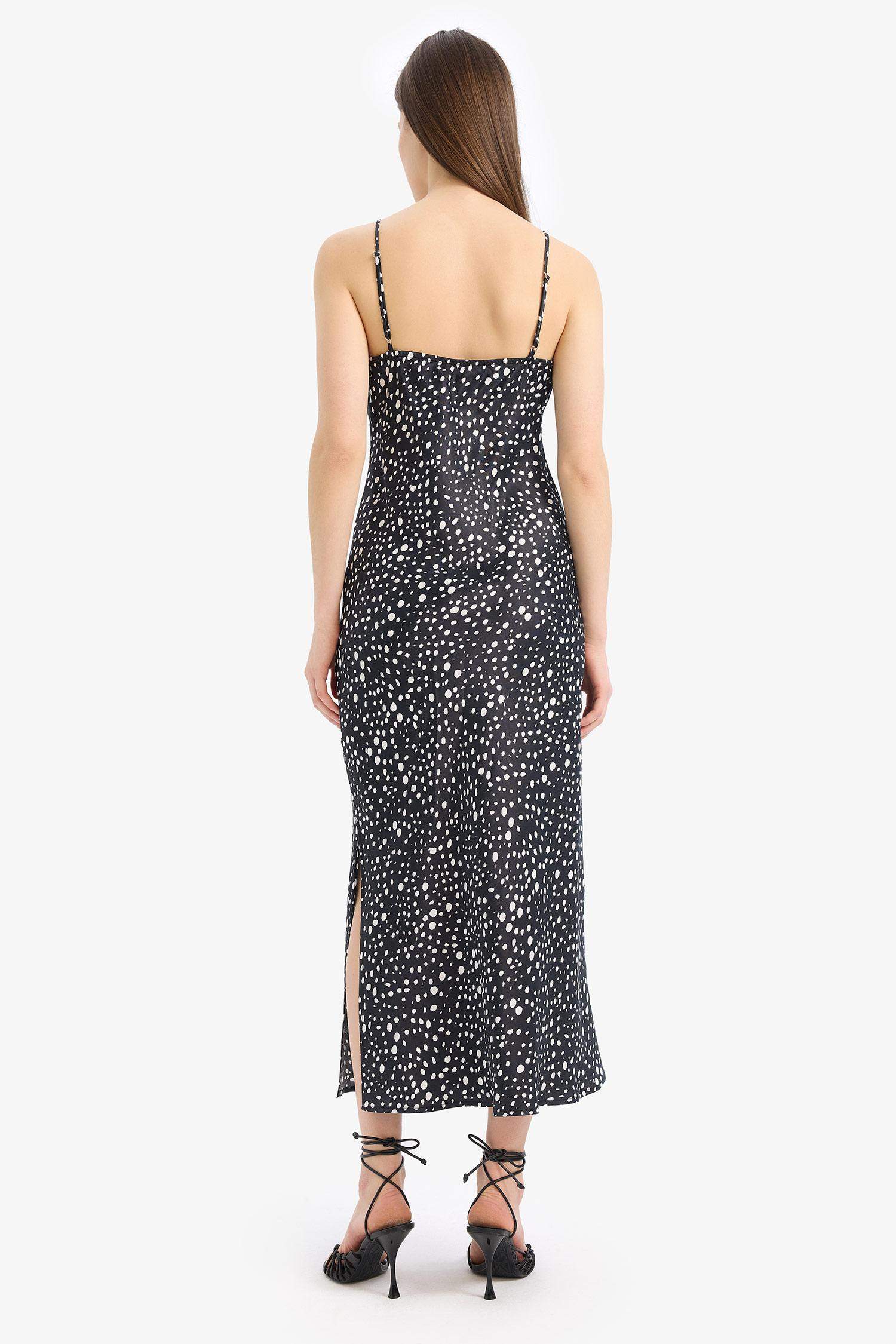 Patterned Slit Adjustable Straps Satin Midi Dress