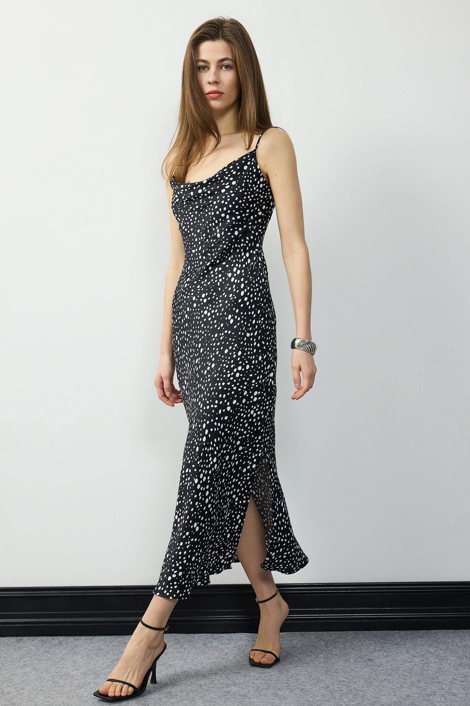 Patterned Slit Adjustable Straps Satin Midi Dress