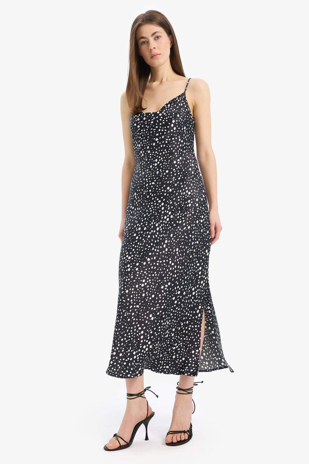 Patterned Slit Adjustable Straps Satin Midi Dress