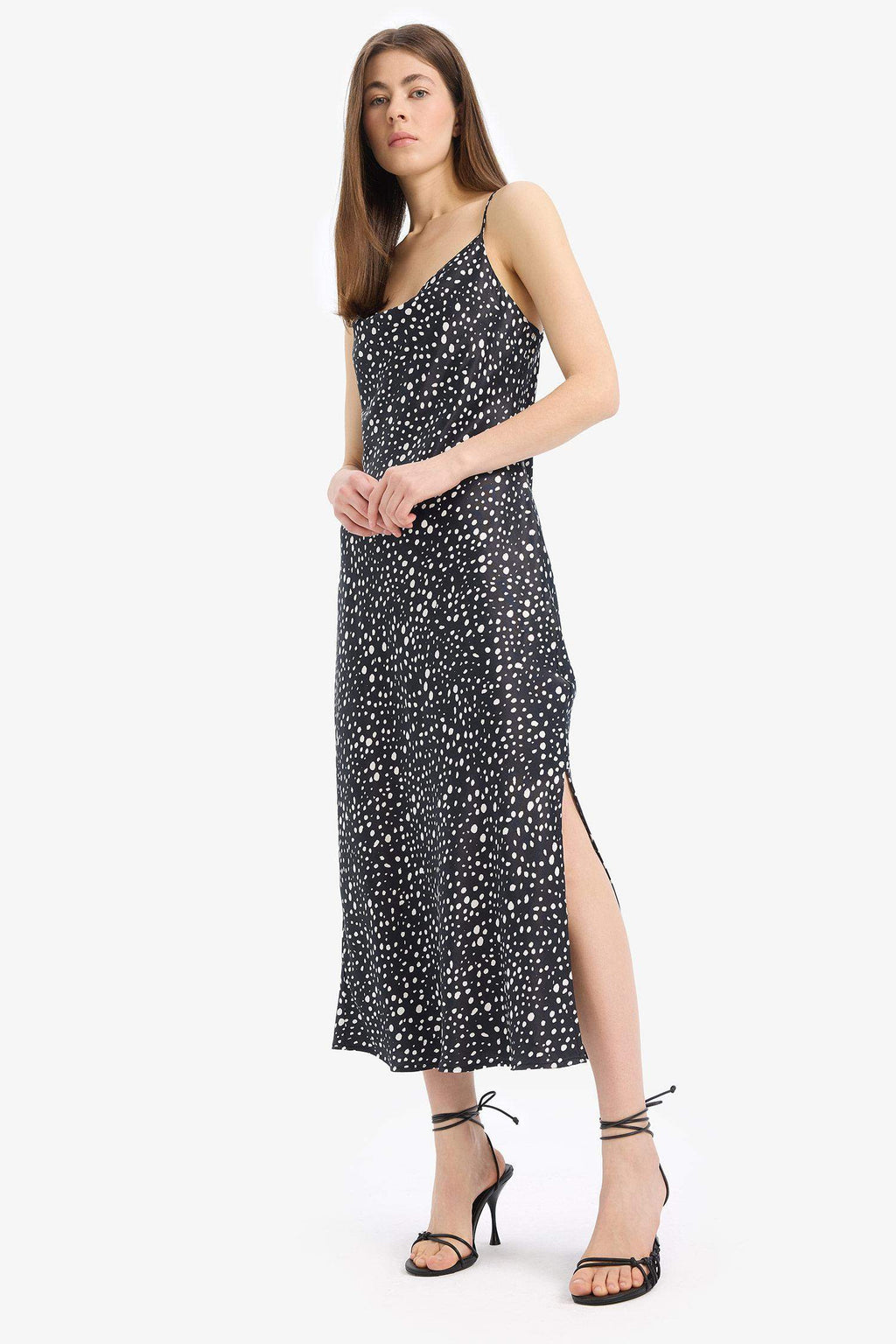 Patterned Slit Adjustable Straps Satin Midi Dress