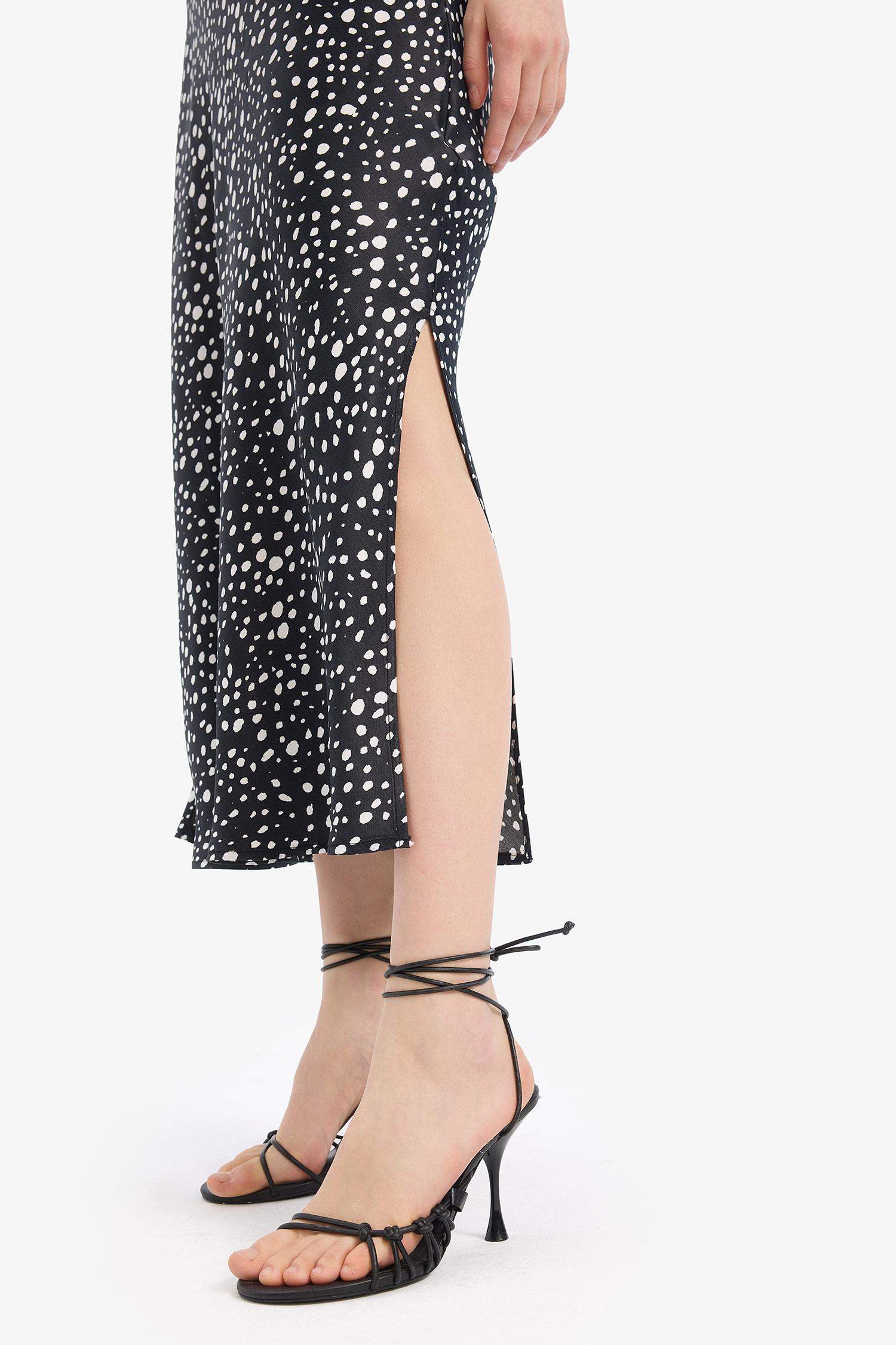 Patterned Slit Adjustable Straps Satin Midi Dress