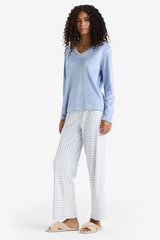 Pajama Set Regular Fit Long Sleeve Velour Top Plaid Long Bottom-Fall in Love