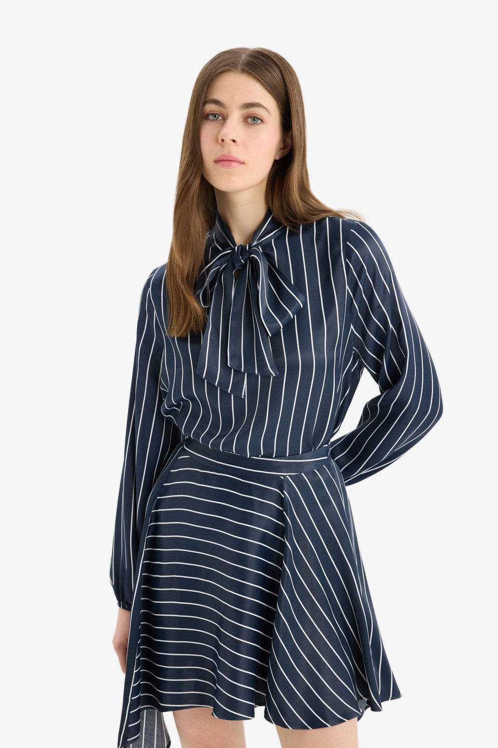 Regular Fit Bowtie Striped Long Sleeve Blouse