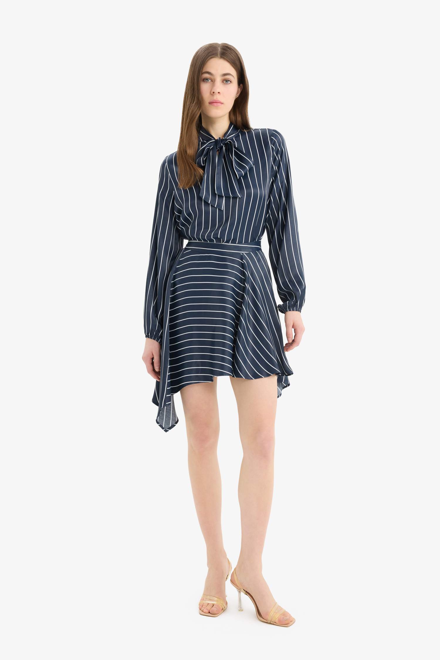 Regular Fit Bowtie Striped Long Sleeve Blouse