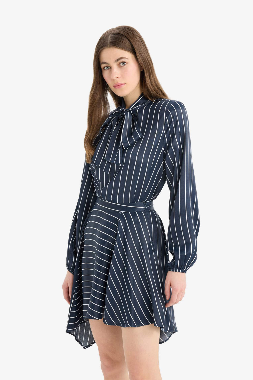 Regular Fit Bowtie Striped Long Sleeve Blouse