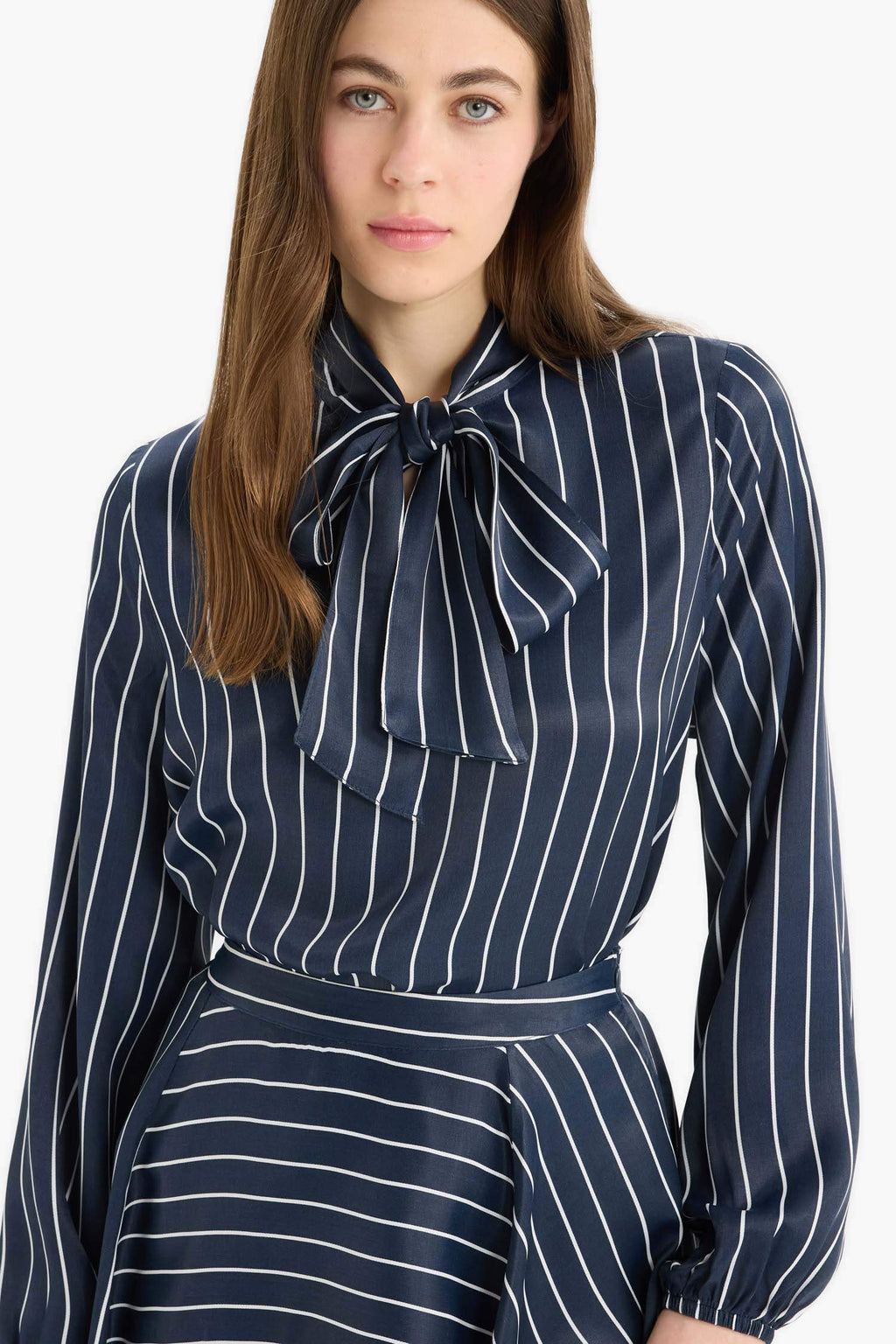 Regular Fit Bowtie Striped Long Sleeve Blouse