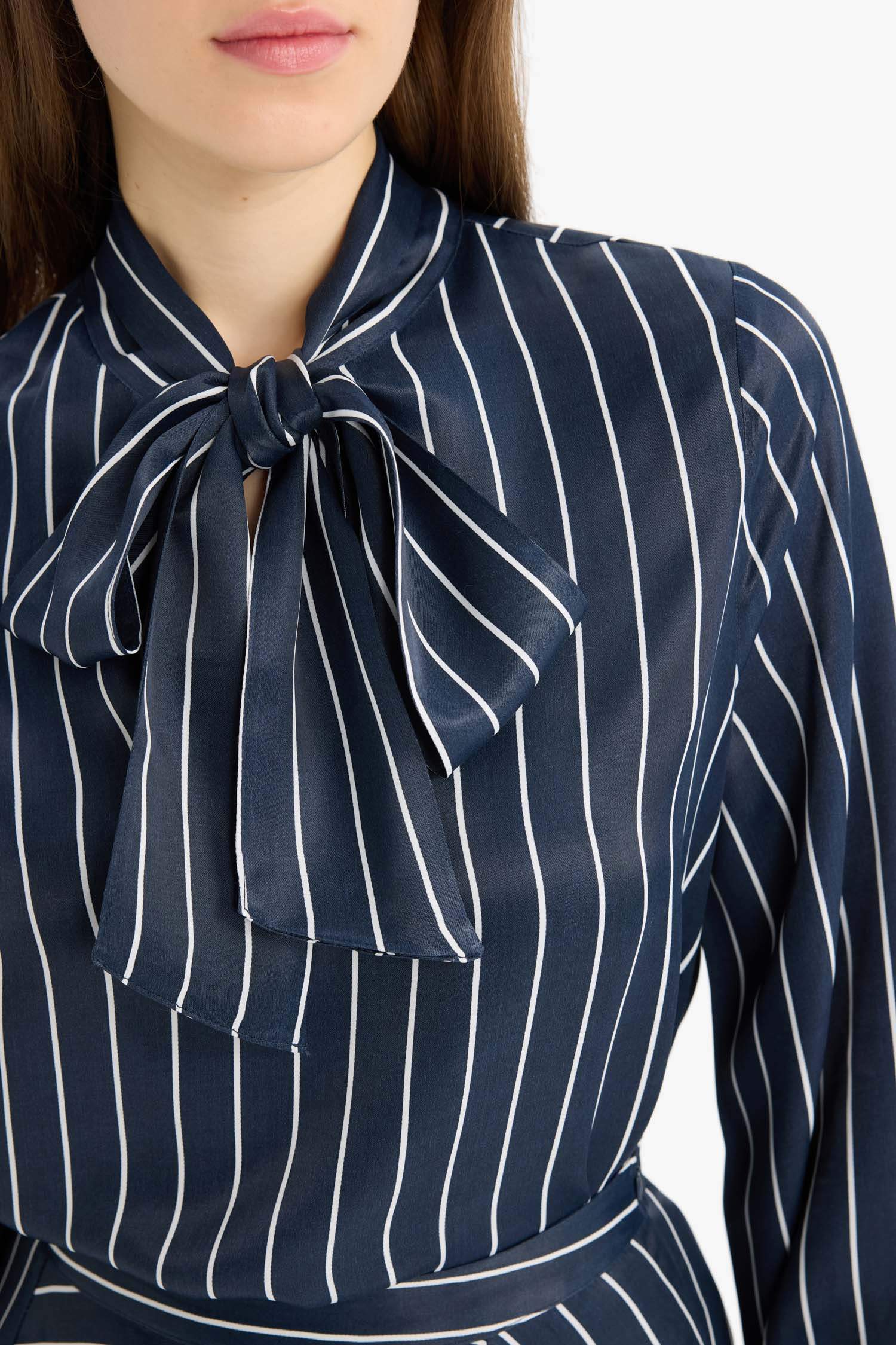 Regular Fit Bowtie Striped Long Sleeve Blouse