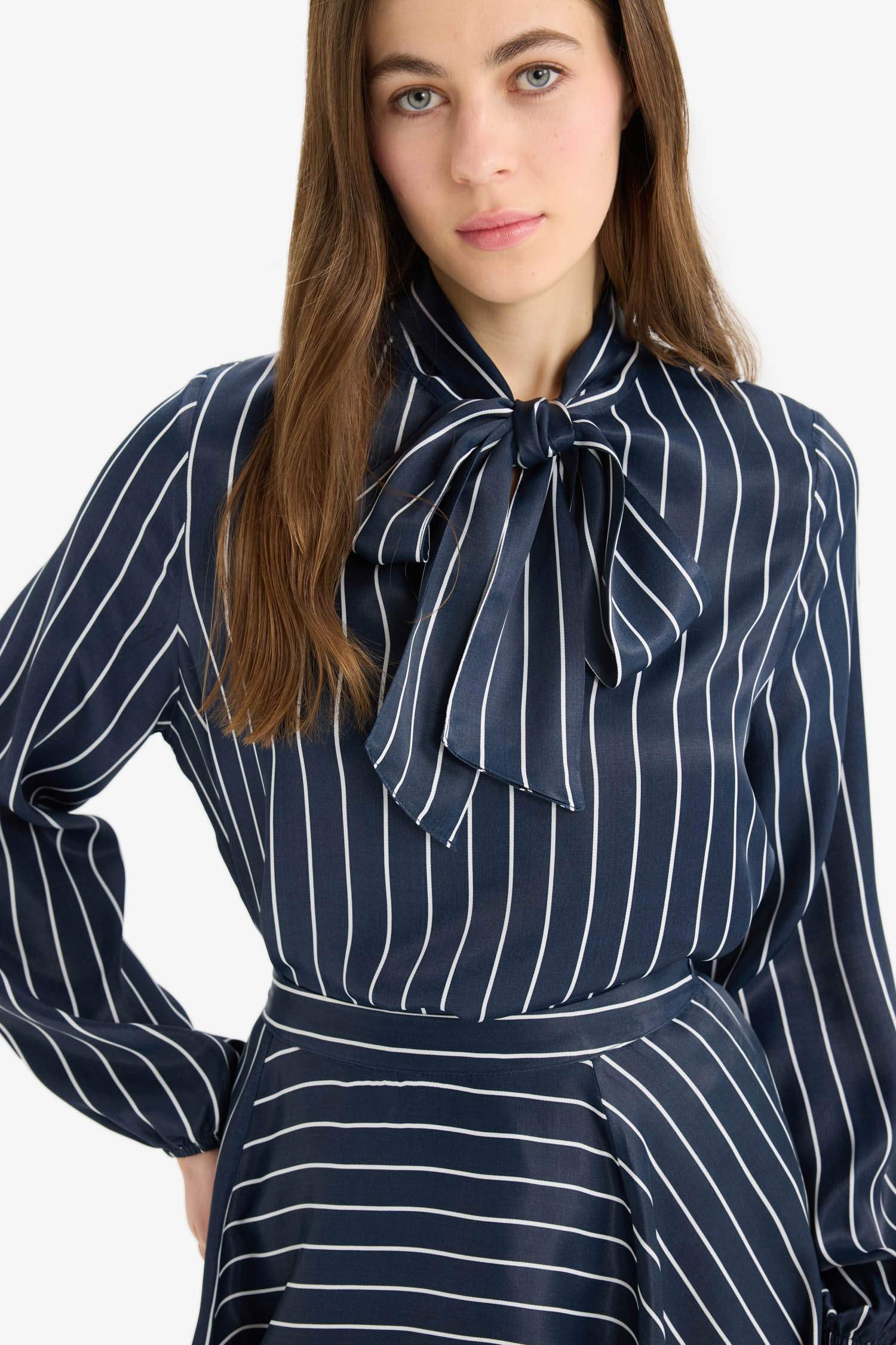 Regular Fit Bowtie Striped Long Sleeve Blouse