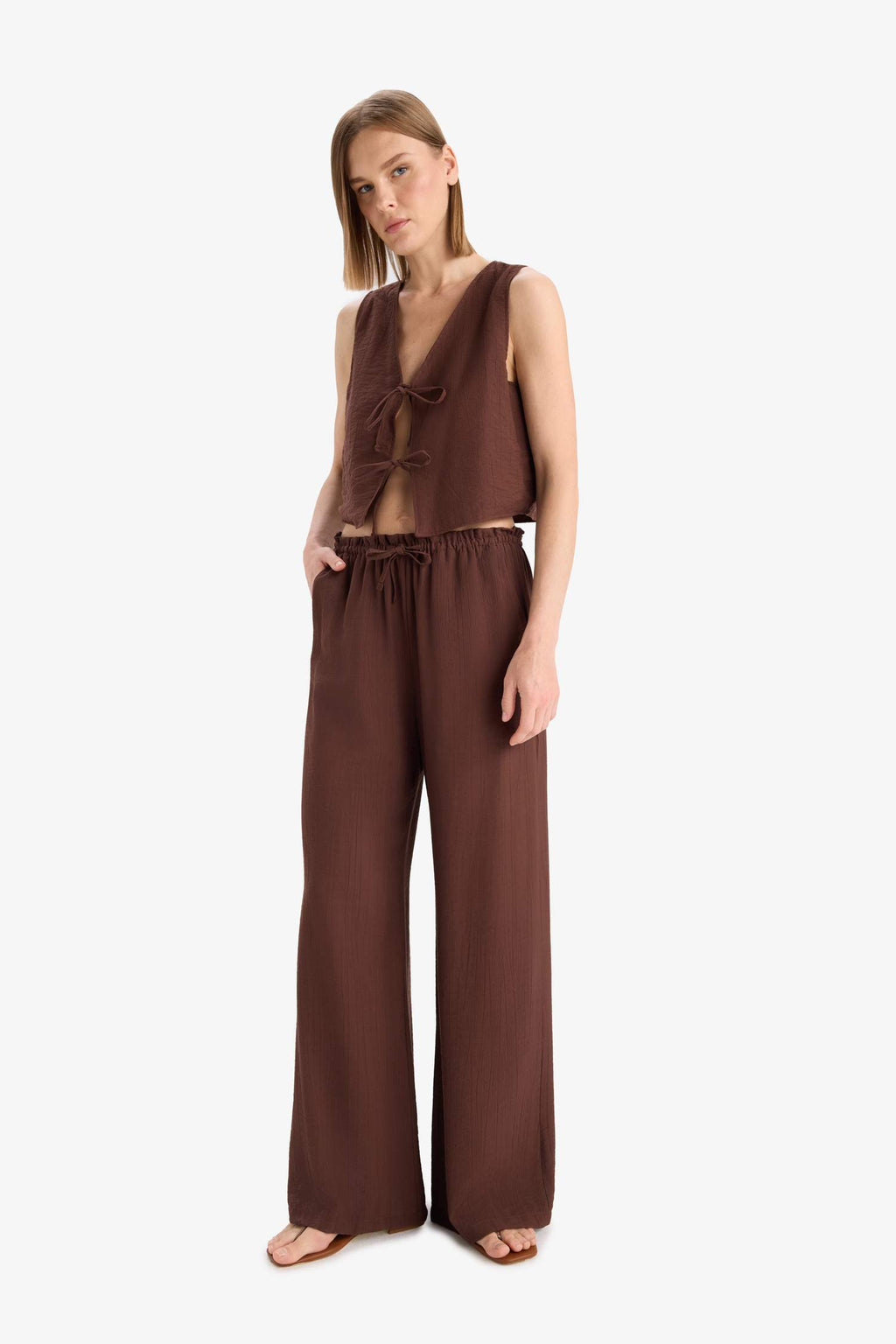 Wide Leg Fabric Trousers Double Pocket High Waist Wide Leg