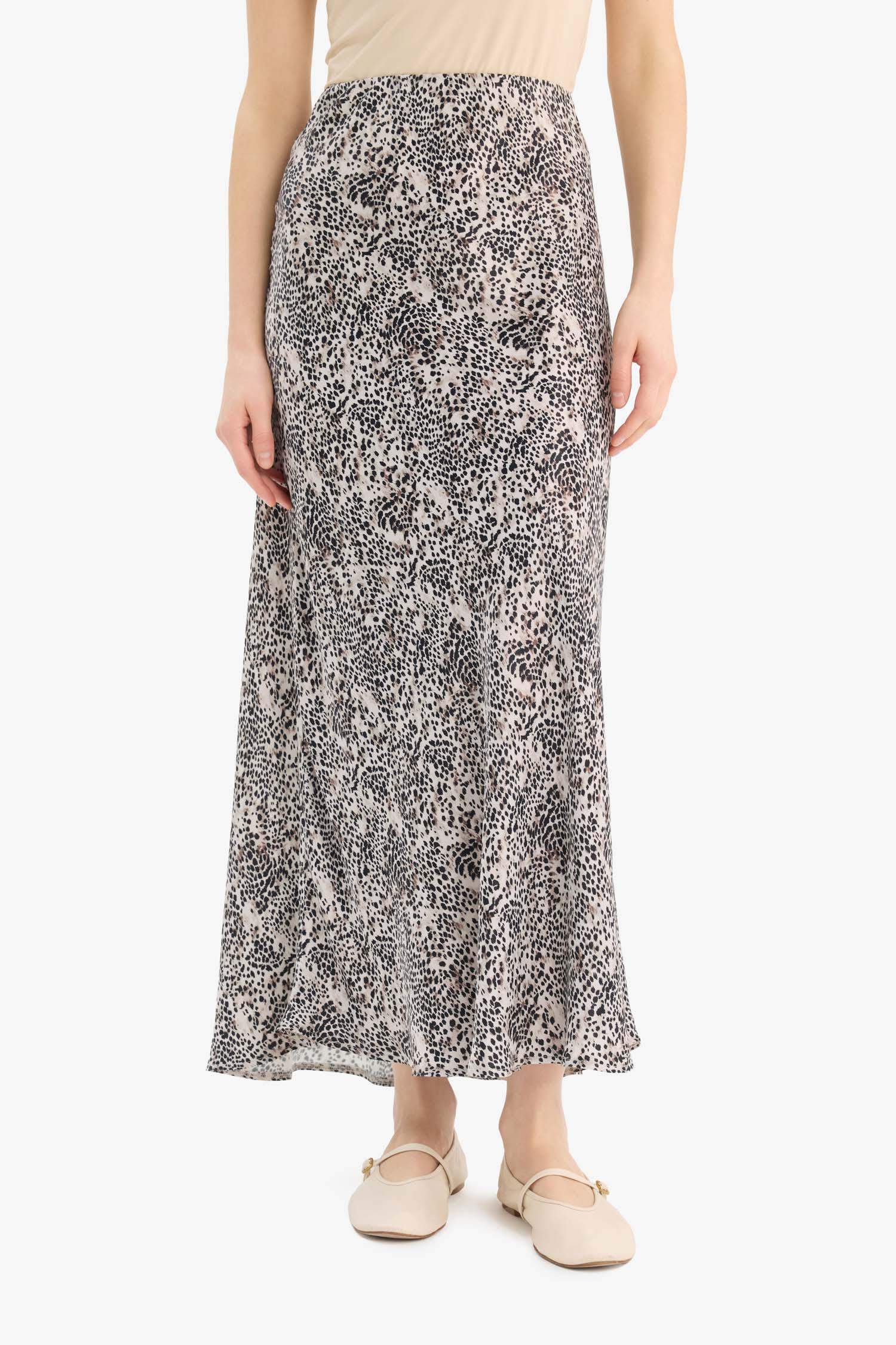 A Cut Animal Print Satin Normal Waist Skirt