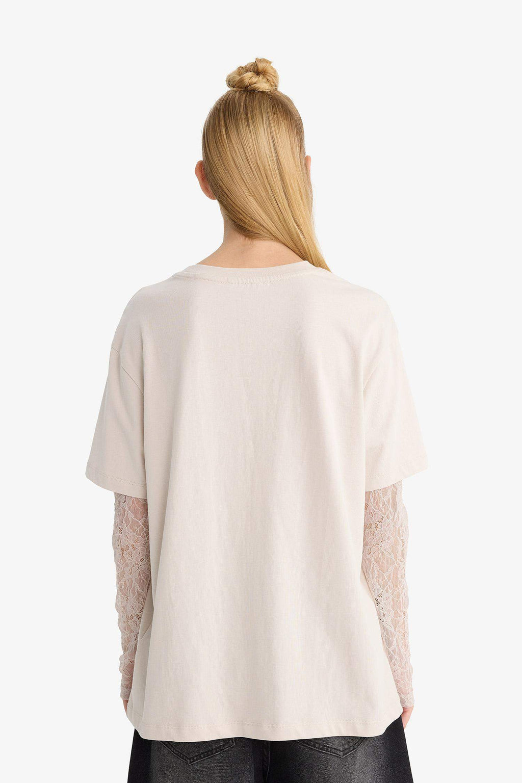 Oversize Loose Fit Crew Neck Lace Detail Long Sleeved T-shirt