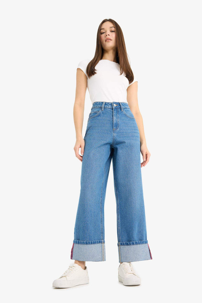Relax Fit High Waist Straight Leg Long Jean Snow Washed Trousers Hover Image