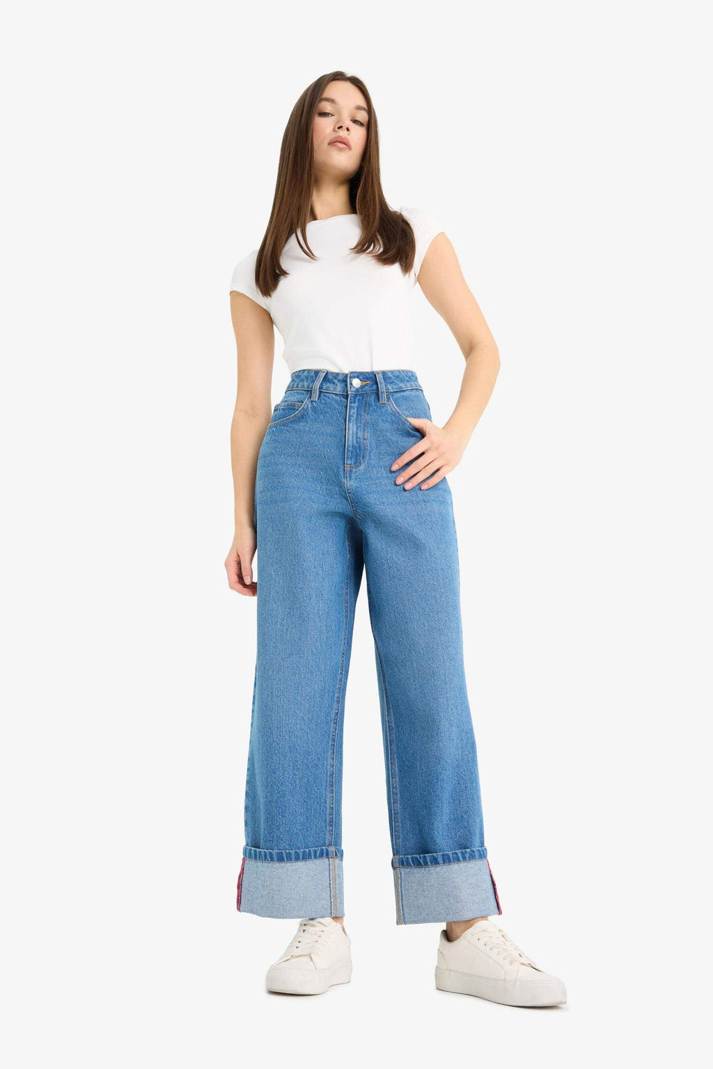 Relax Fit High Waist Straight Leg Long Jean Snow Washed Trousers