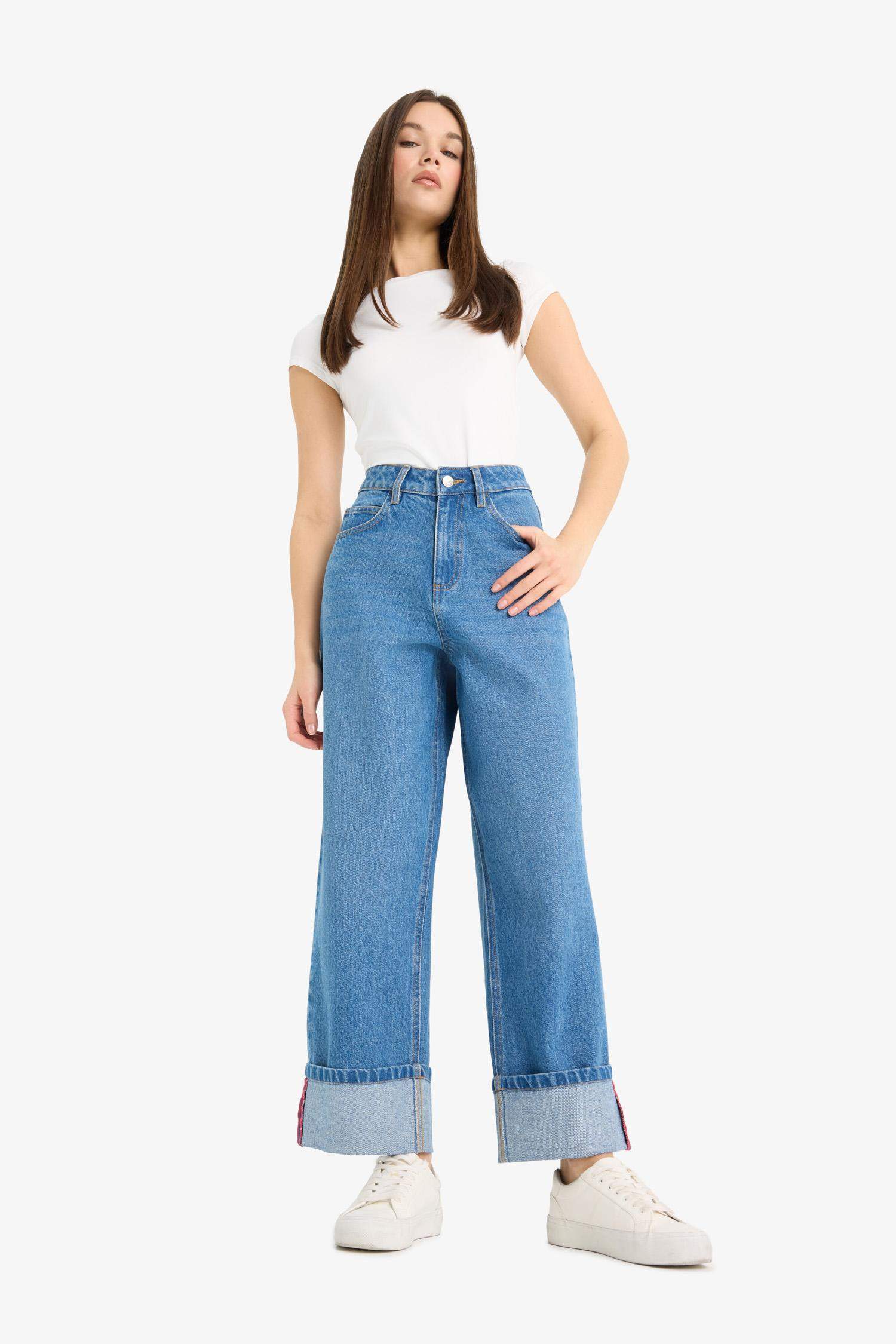 Relax Fit High Waist Straight Leg Long Jean Snow Washed Trousers