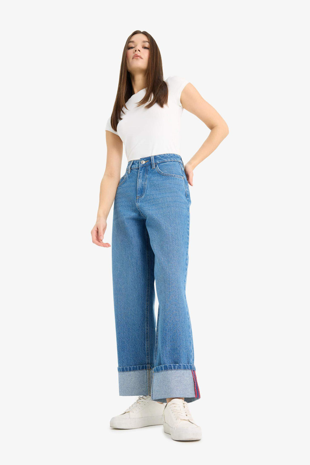 Relax Fit High Waist Straight Leg Long Jean Snow Washed Trousers