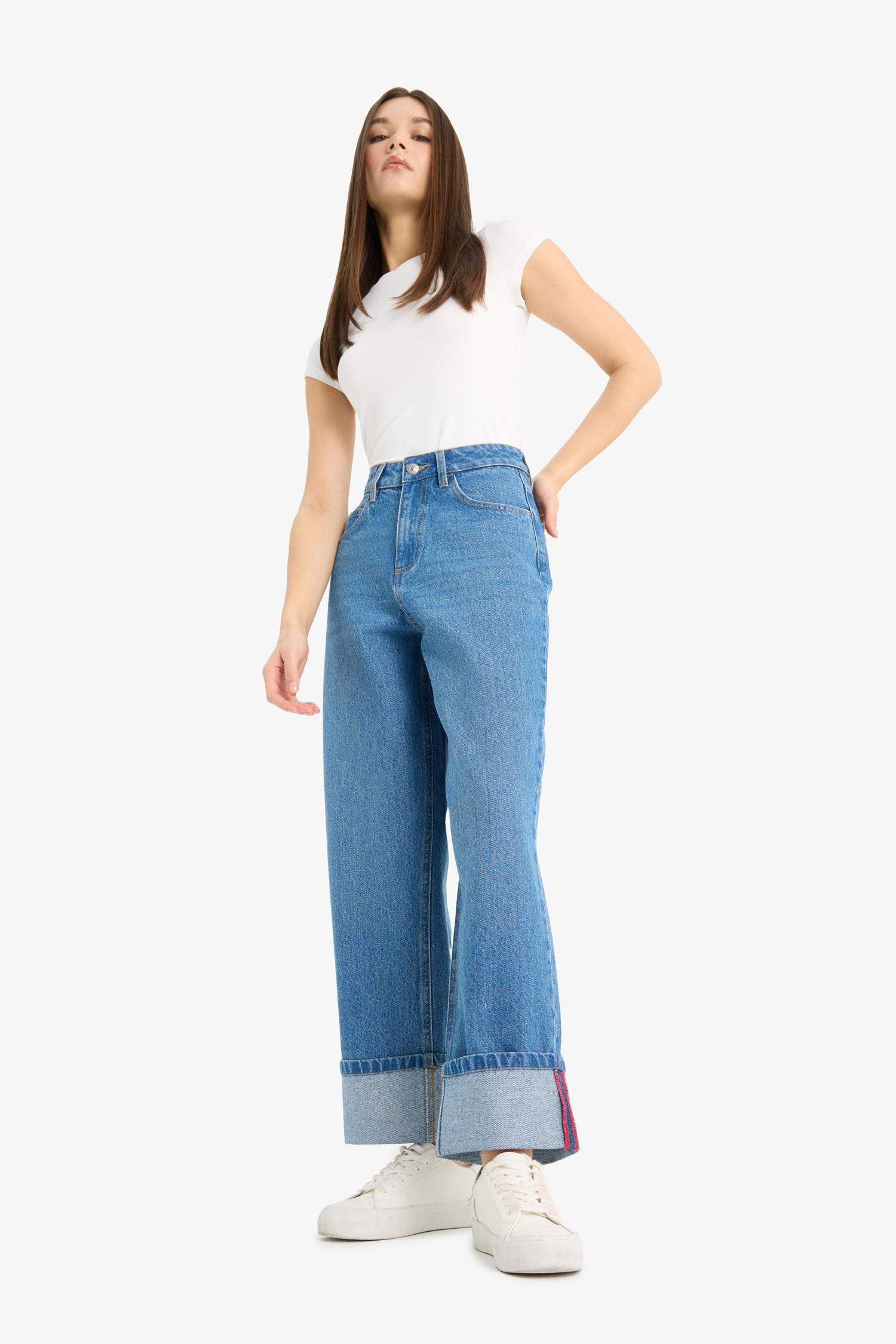 Relax Fit High Waist Straight Leg Long Jean Snow Washed Trousers
