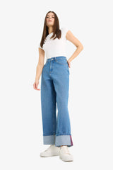 Relax Fit High Waist Straight Leg Long Jean Snow Washed Trousers