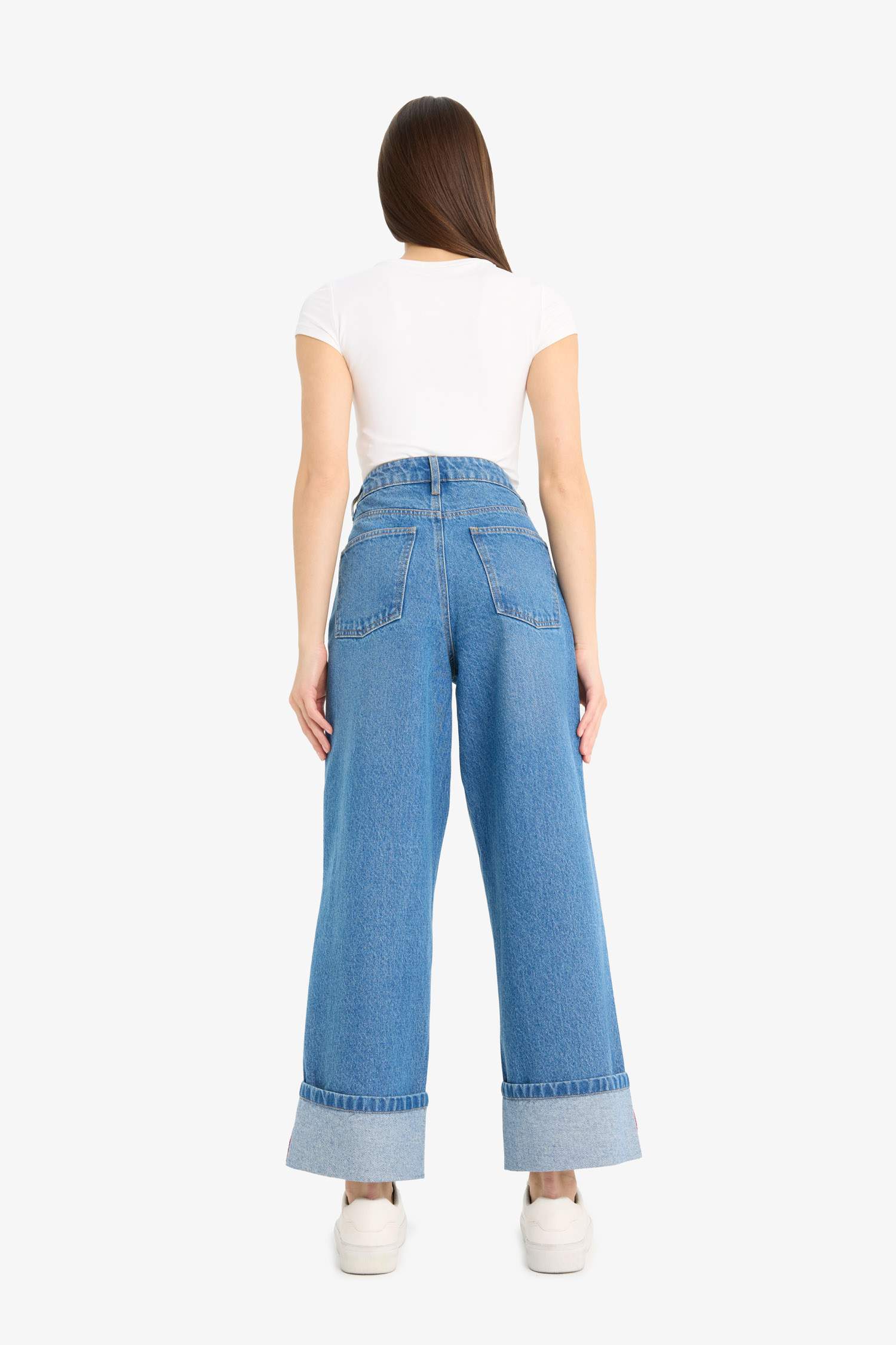 Relax Fit High Waist Straight Leg Long Jean Snow Washed Trousers