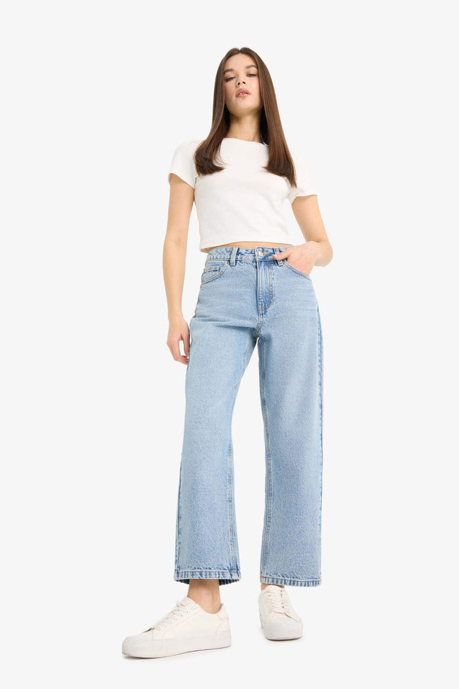 Straight Fit High Waist Straight Leg Long Jean Snow Washed Trousers Hover Image