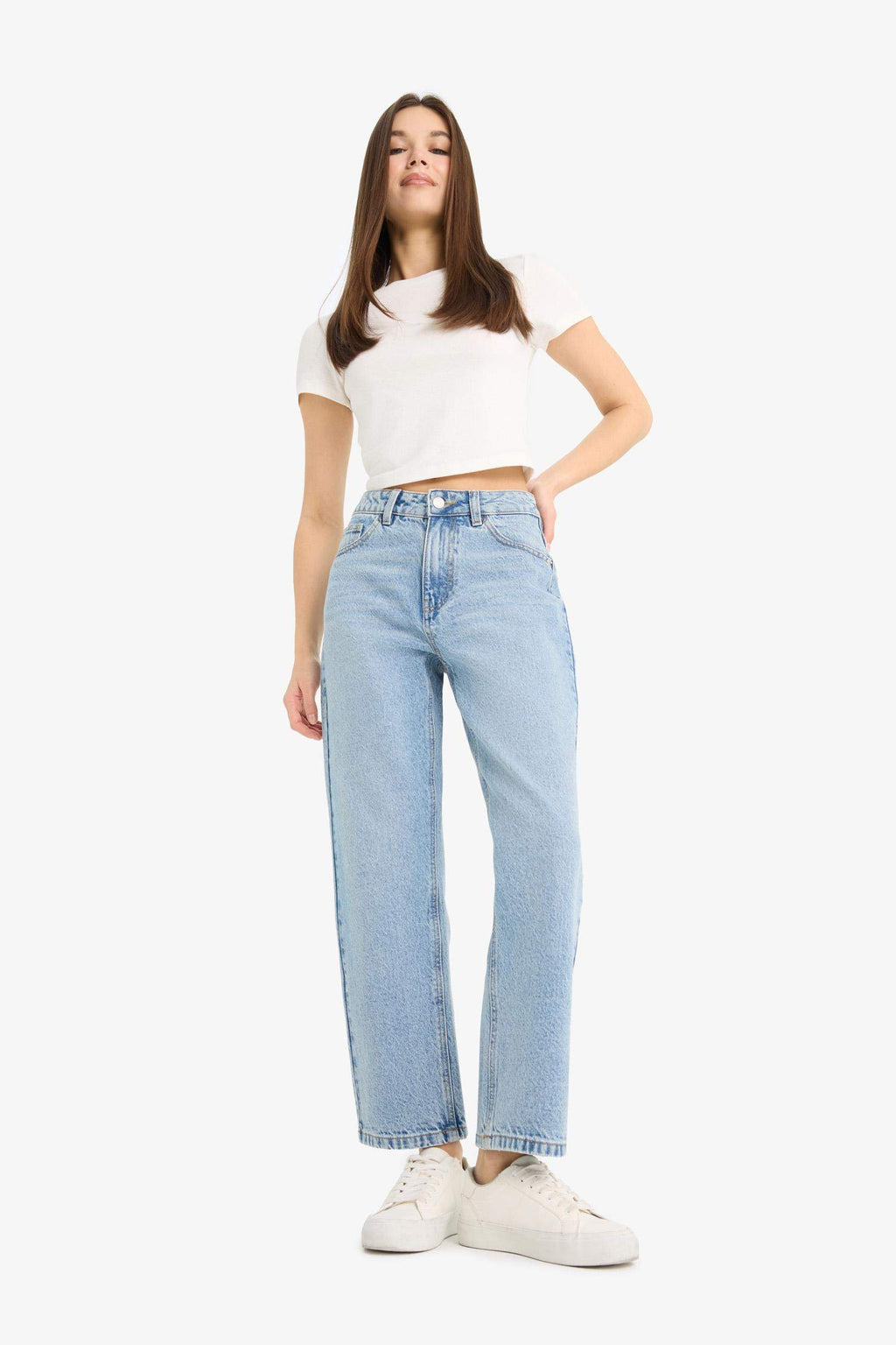 Straight Fit High Waist Straight Leg Long Jean Snow Washed Trousers