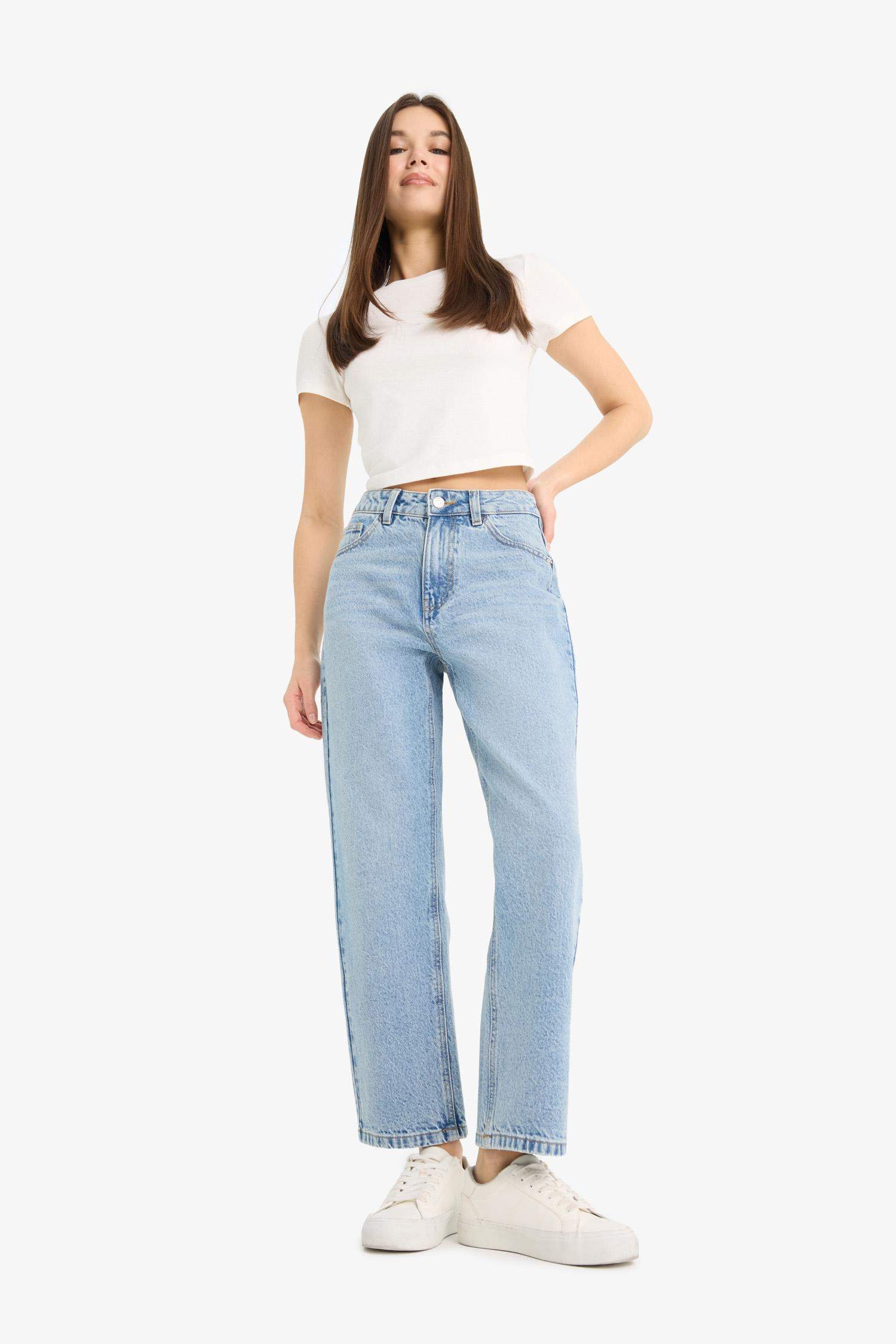 Straight Fit High Waist Straight Leg Long Jean Snow Washed Trousers