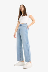 Straight Fit High Waist Straight Leg Long Jean Snow Washed Trousers