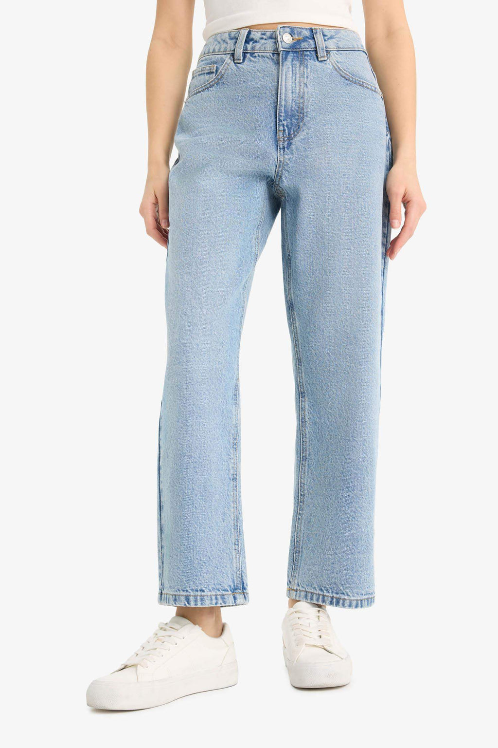 Straight Fit High Waist Straight Leg Long Jean Snow Washed Trousers