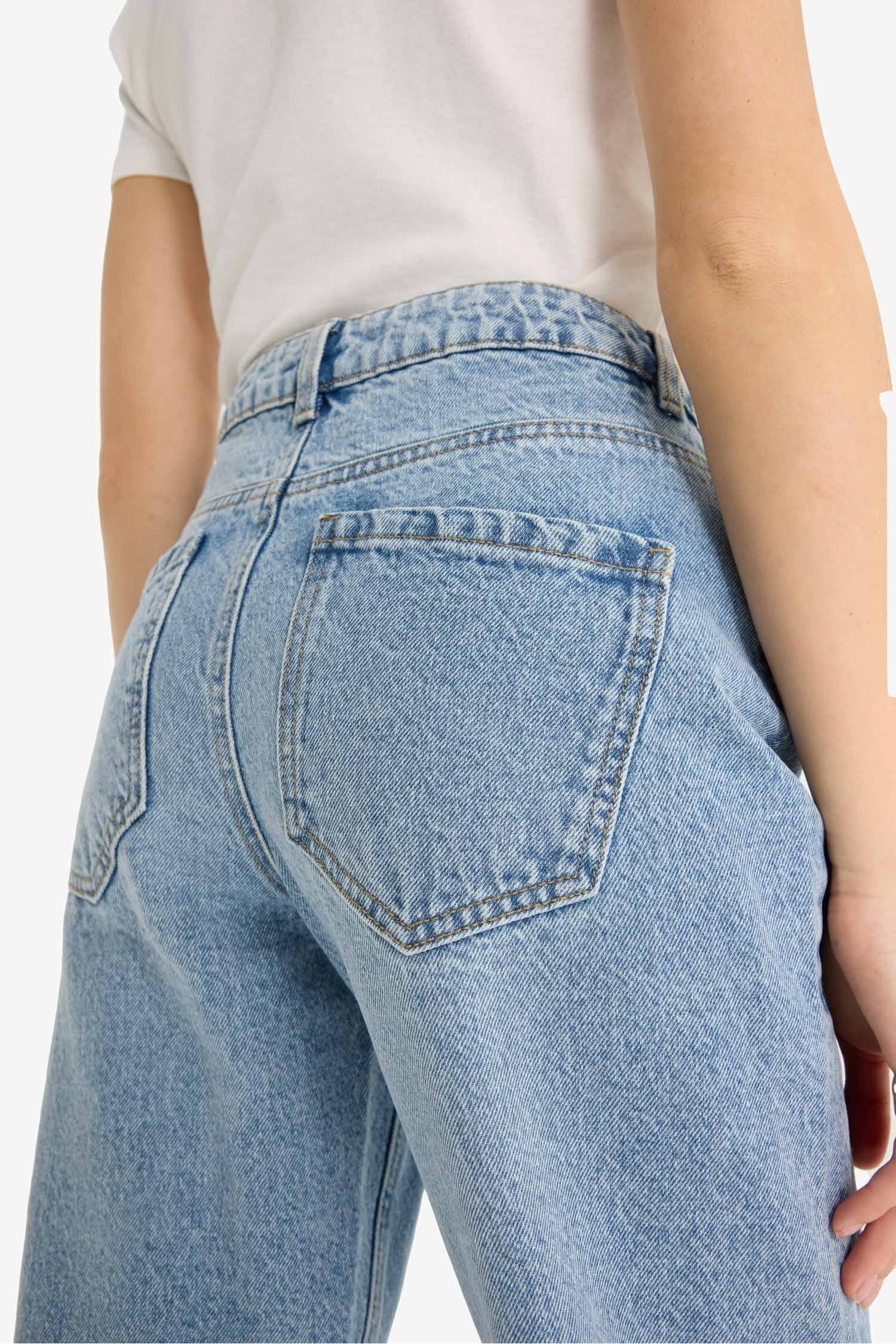 Straight Fit High Waist Straight Leg Long Jean Snow Washed Trousers