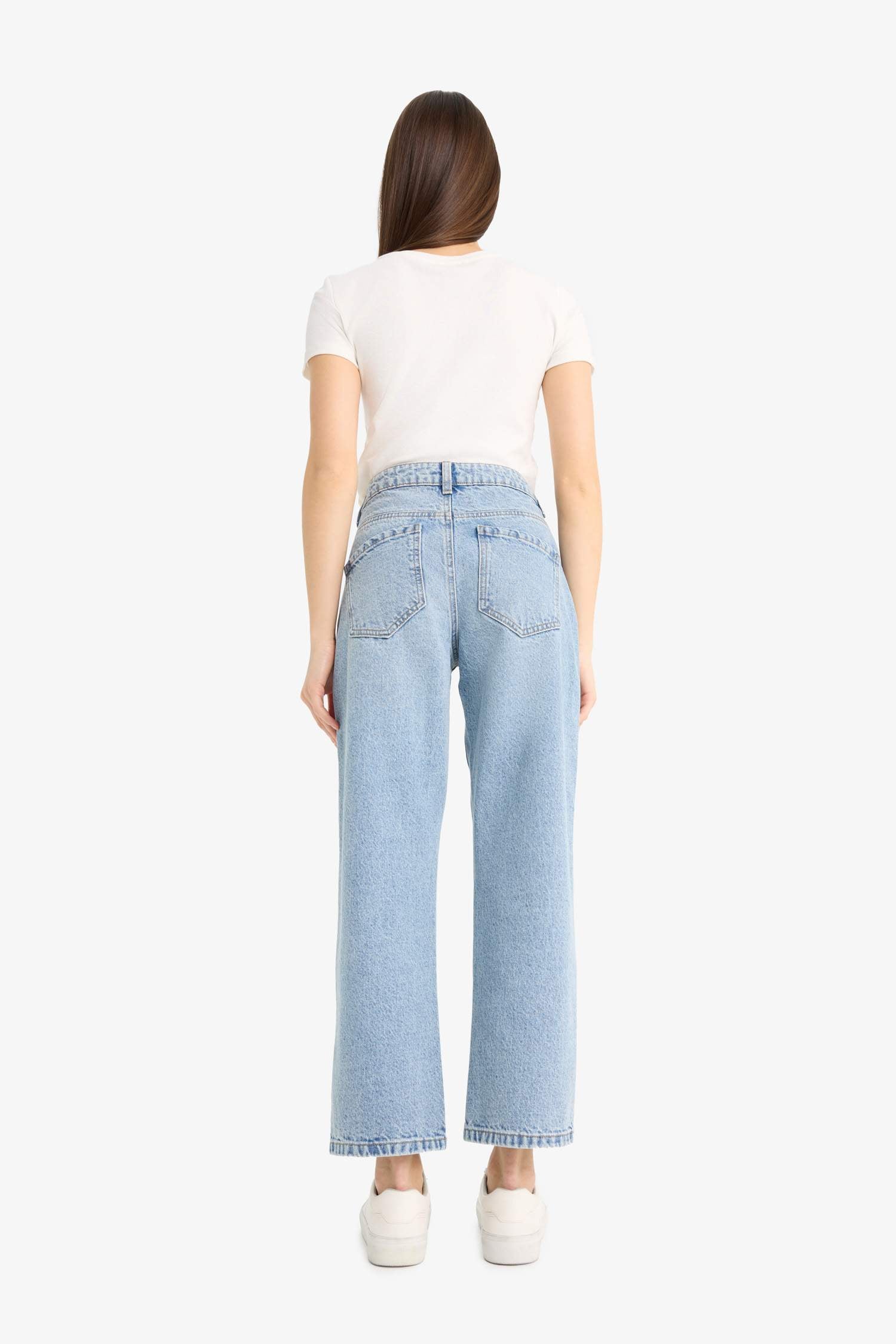 Straight Fit High Waist Straight Leg Long Jean Snow Washed Trousers