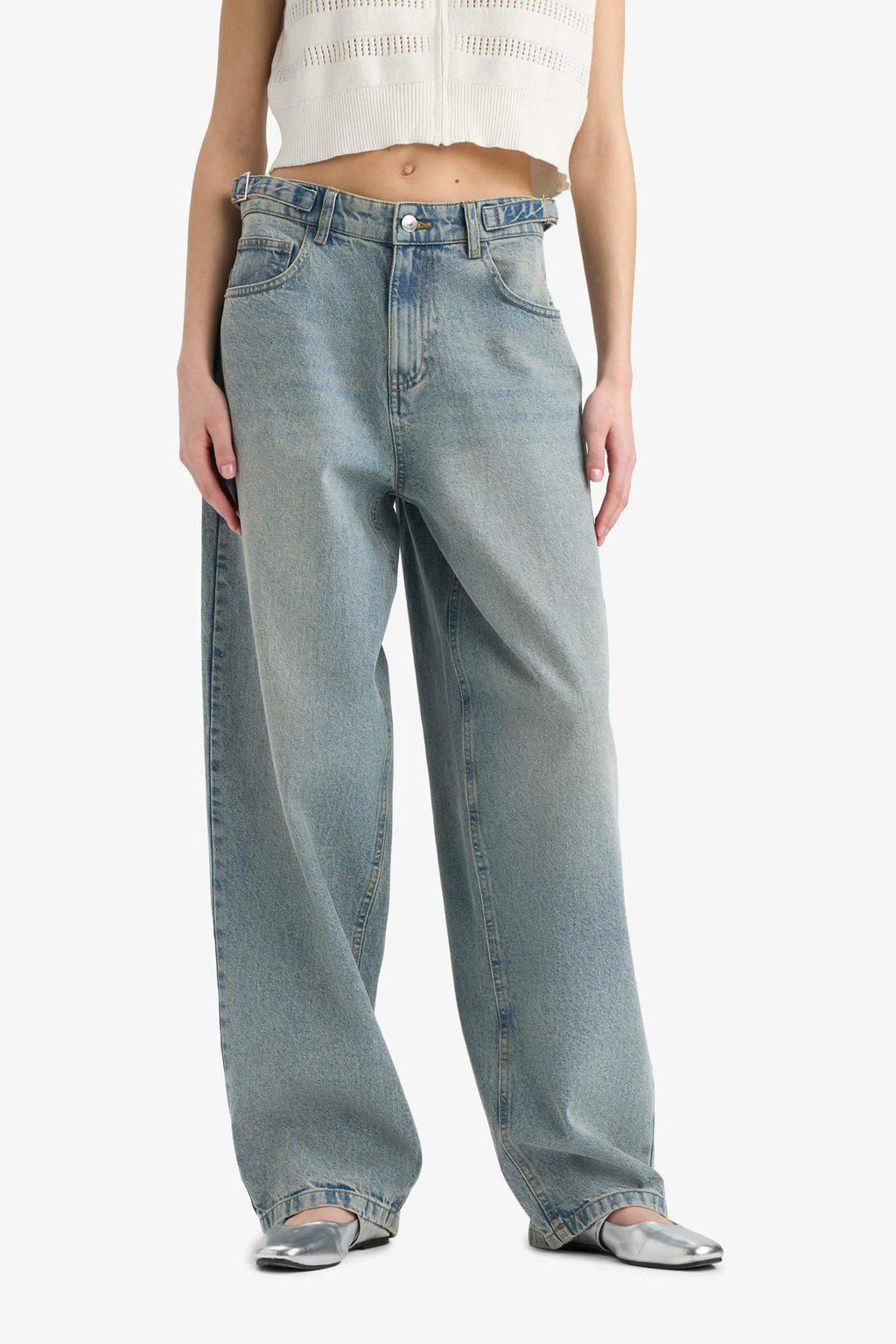 Carpenter Fit High Waist Denim Look Trousers